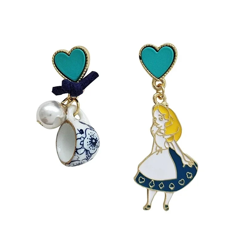 Carton Fairy Tale Princess Alice Asymmetry Earrings Imitation Pearl Blue Heart Dangle Earrings Cute Girls Enamel Earrings image 3