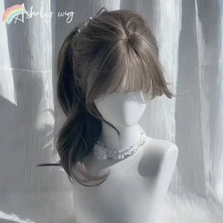 Gray Brown Wig with Bangs Long Wavy Soft Hair 24inch Body Wave Wig Lolita Synthetic High Temperature Fiber Headband Daily Use 가발