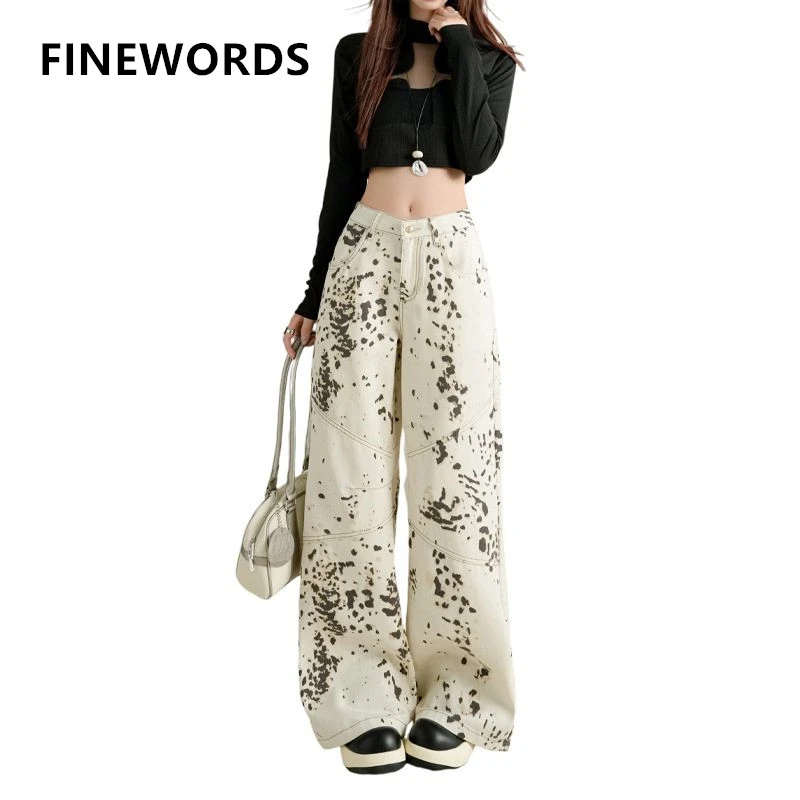 FINEWORDS Vintage Casual Korean Easymatch Baggy Leopard Printed Jeans Loose Wide Leg Jeans Full Length Punk Streetwear Jeans