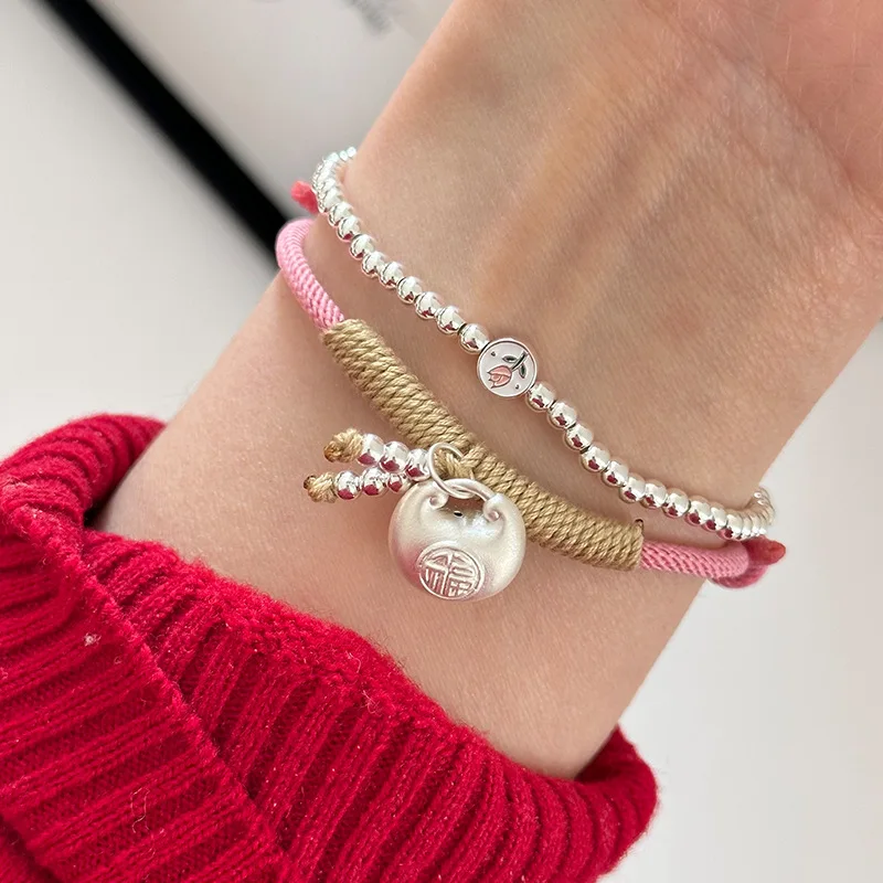 

925 Sterling Silver Tulip Round Beads Fat Pink Rope Bracelet Women's Simple Handmade Design Combination Stacked Bracelet