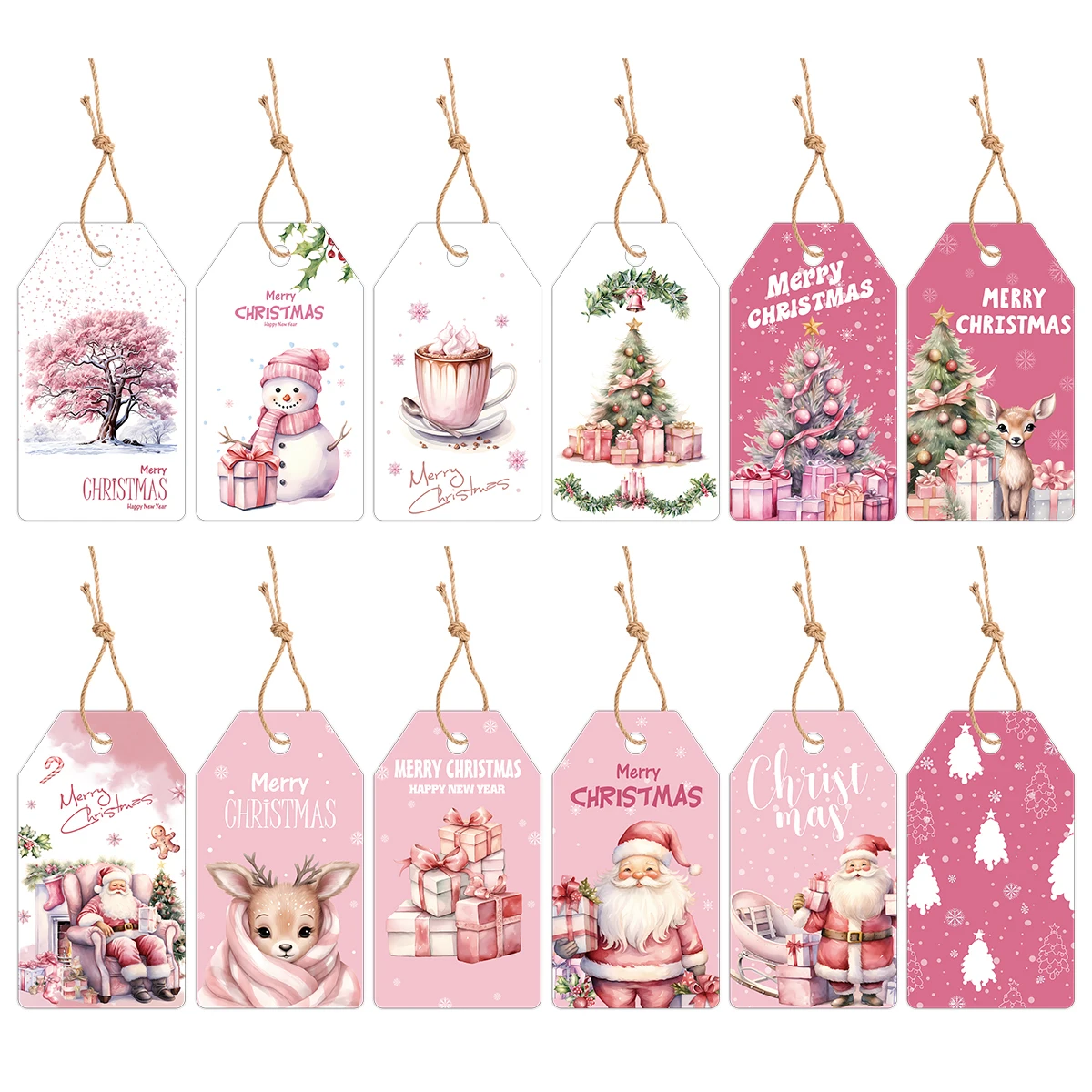 48 pçs natal rosa pendurado tags com corda papai noel veados feliz natal etiquetas de papel para decoração festa diy presentes embrulho suprimentos