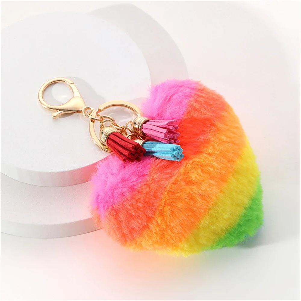 Lovely Heart Pompoms Keychains Women Bag Accessories Rainbow Plush Balls Love Car Keyrings For Valentines Couple Gifts