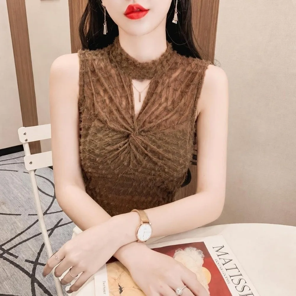 Stylish High Neck Lace Tank Top Slim Fit Sleeveless Twist Front Vest Lace Trim Frill Trim Mesh Camisole Inner Wear