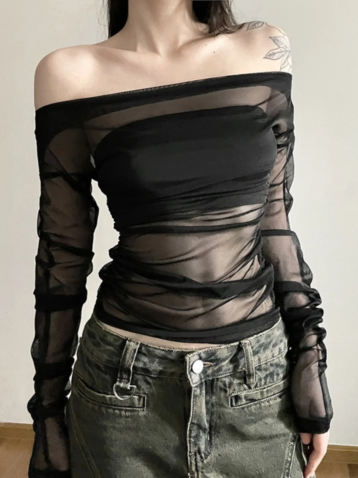 Women's Double-Layer Transparent Mesh Sexy off-Shoulder Long-Sleeved T-shirt