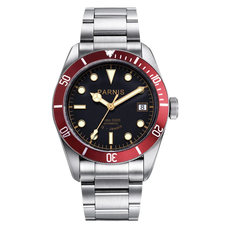 Fashion Parnis 41mm Red Bezel Automatic Mechanical Men Watch Luminous 21 Jewel Stainless Steel Bracelet Calendar Watches relojes