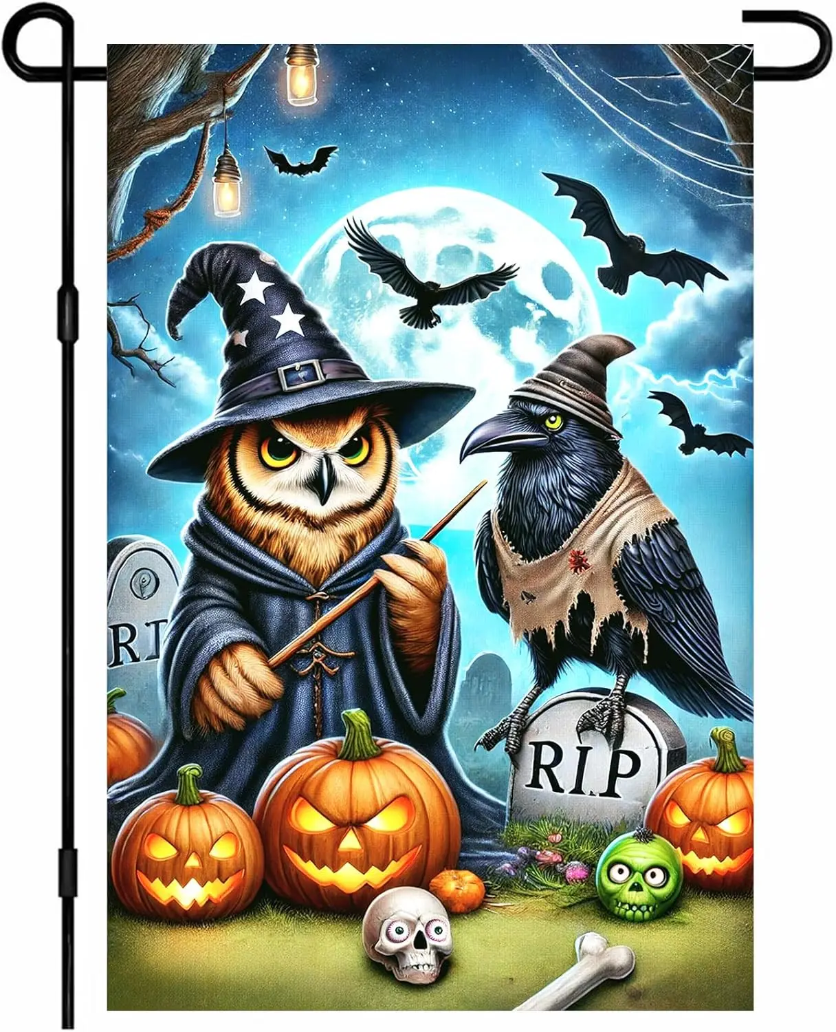 Halloween Fall Garden Flag 12x18 Inch Welcome Owl and Crow Outdoor Flag Double Sided Spooky Yard Banner with Witch Hat Pumpk hhz