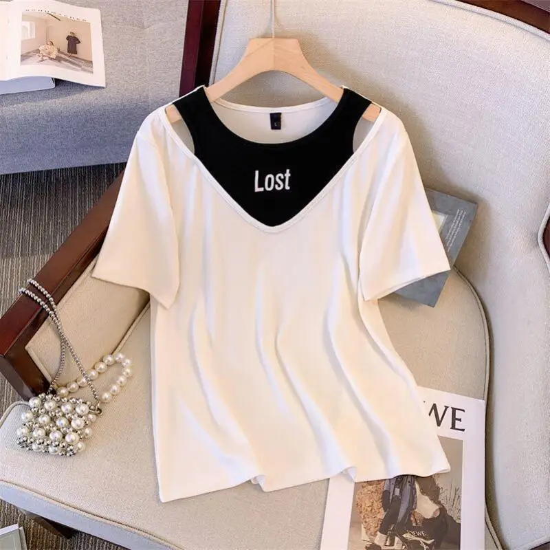 Hot 2026 Summer New Women Wear Two Piece Design Sense Short Sleeve Tshirt Sweet Spicy Korean Edition Fashion Versatile Tops