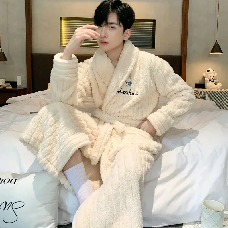 Turn-down V-neck Robes for Men 2025 New Winter Warm Flannel Robes Solid Soft Thick Fleece Sleepwear Male Casual Loose Home Wear
