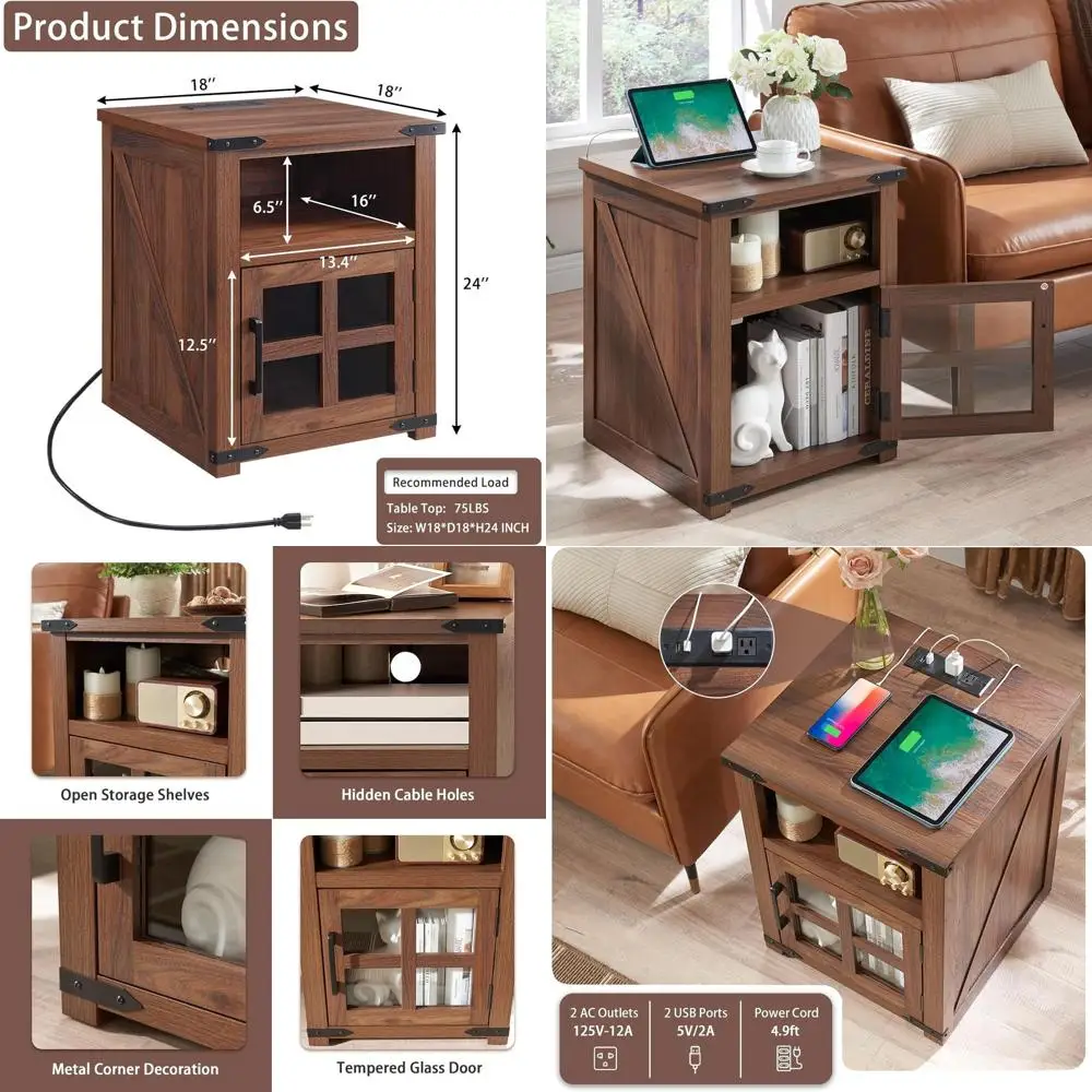 

Rustic Barn Door Nightstand with Charging, Tempered Glass Top, and Open Shelf for Living Spaces in Brown