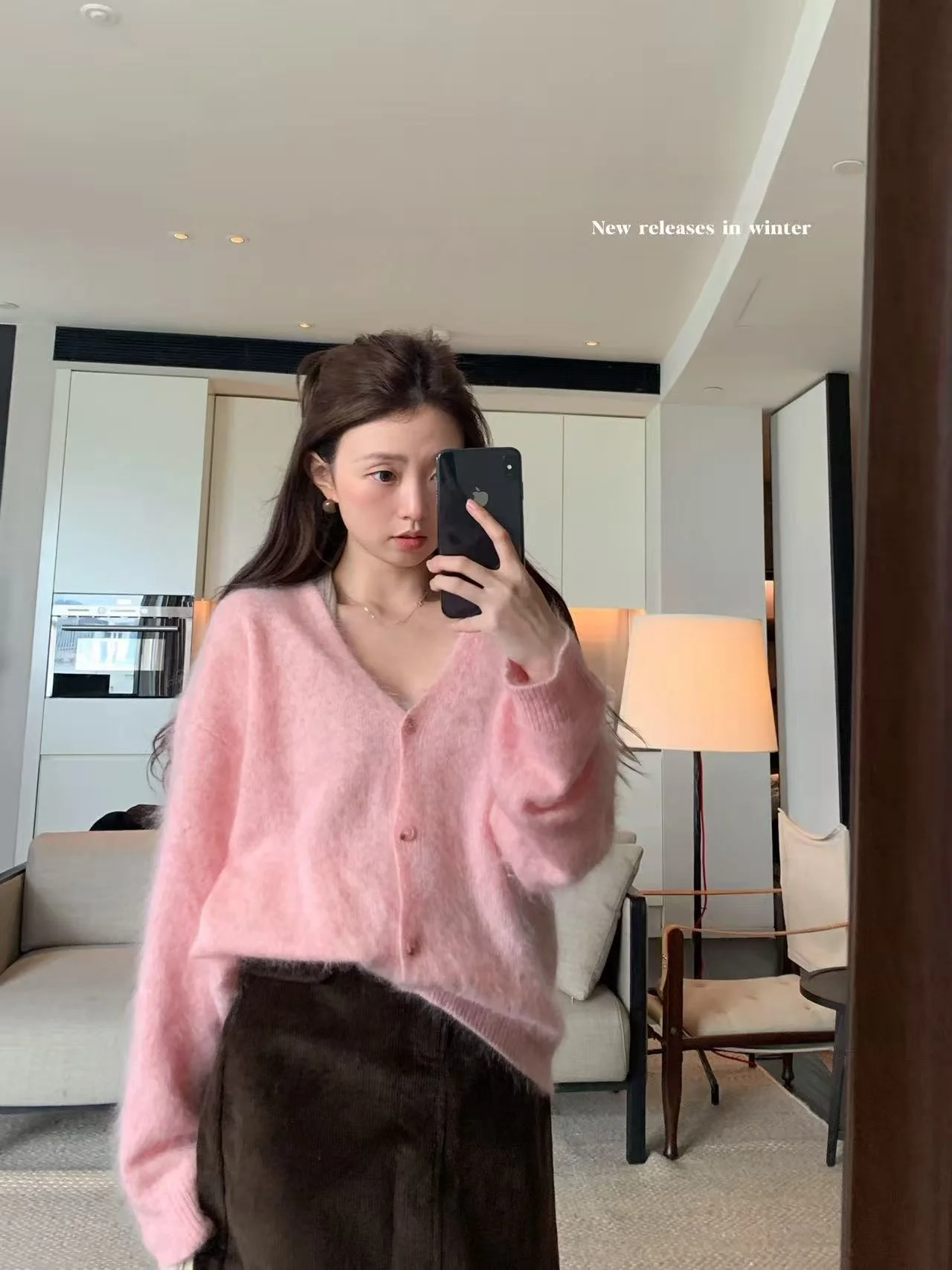 

Кардиган Meng Meng кораллово-розового цвета с длинными рукавами и V-образным вырезом, мягкий, уютный, повседневный, с пушистой текстурой, осенне-зимний женский свитер