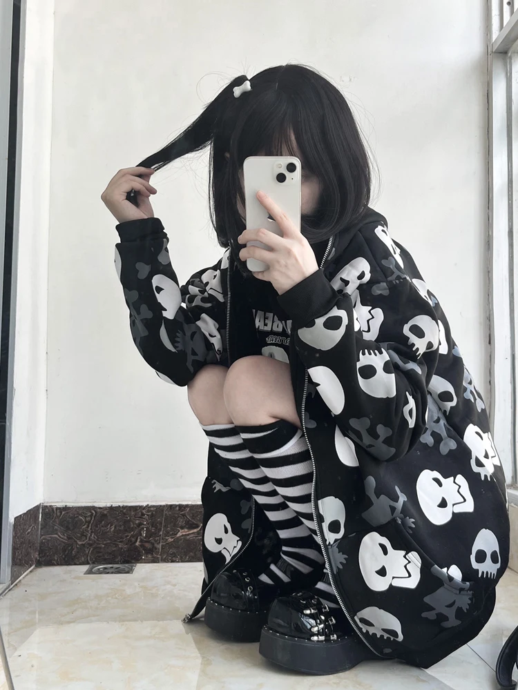 2023 Harajuku Y2k Aesthetic Black Hoodies Skull Print Streetwear Long Sleeve Zip-up Loose Women Coat Gothic Grunge Punk Jackets