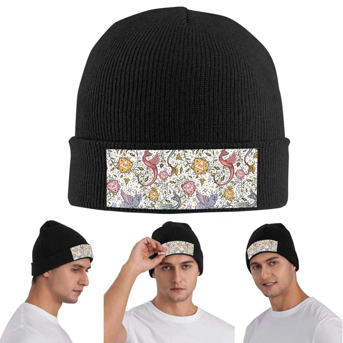 Medieval Dragon And D20 Dice Dnd Pattern Warm Knitted Cap Winter Knit Bonnet Hat Skullies Beanies Hip Hop Caps for Unisex