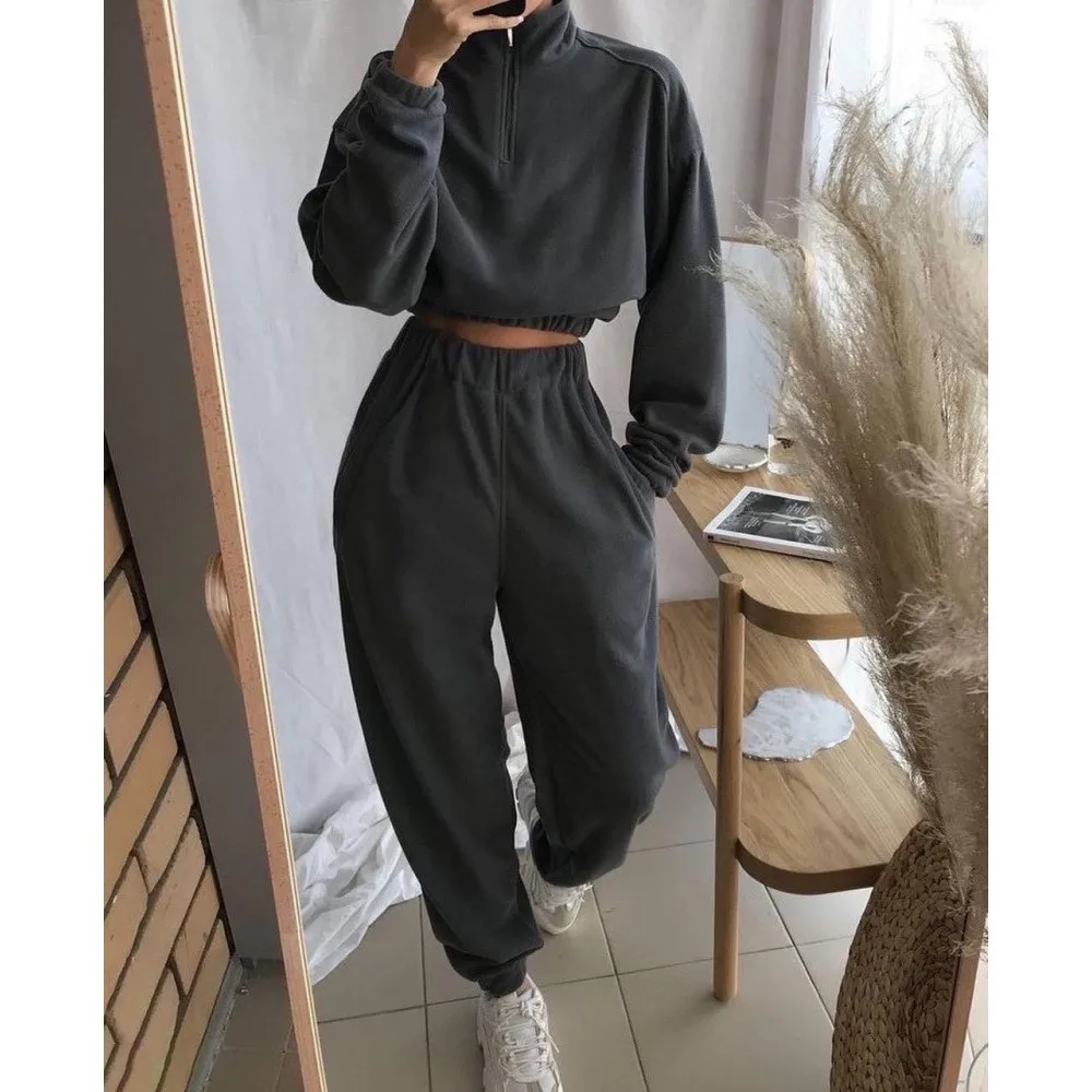 Autunno Inverno Donna Nuova Mezza Cerniera Risvolto Felpa Casual Tuta Sportiva Moda Allentata Tasca da Donna Pantaloni Set da 2 Pezzi 2025