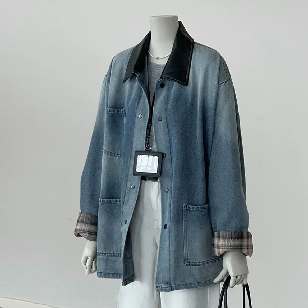 Women's Casual Style Color Block Design Long Collar Denim Jacket Korean Version Vintage Feel Polyester Fiber Shoulder Sleeve