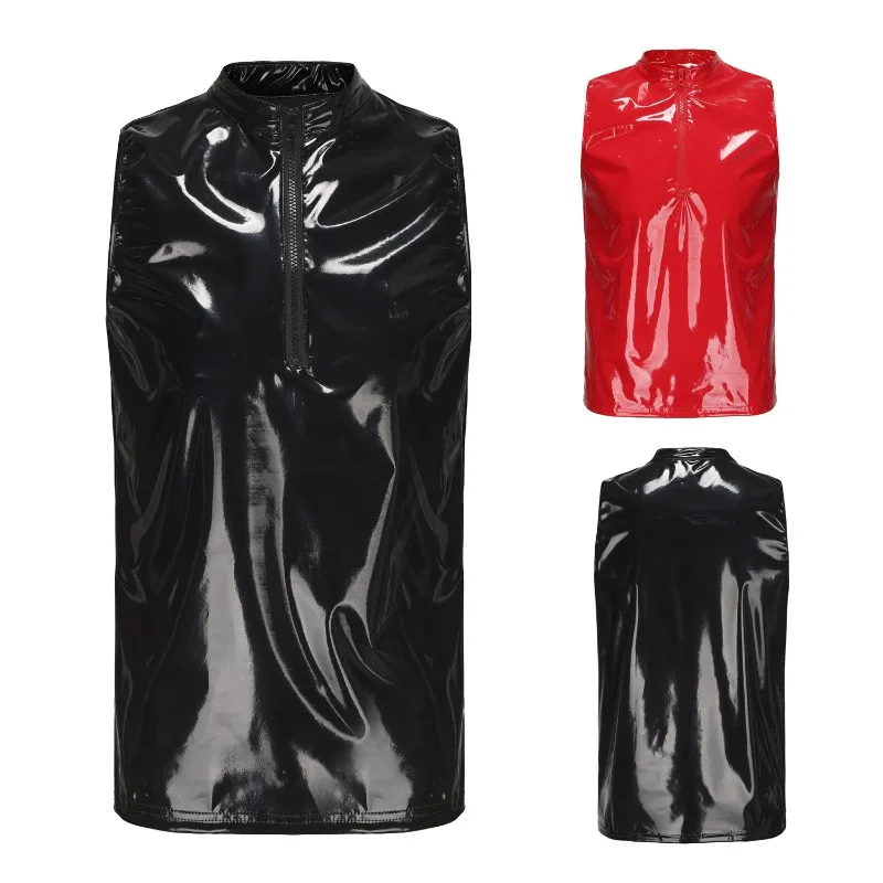 Plus Size Mens Red Black Glossy PVC Leather T-shirts Sleeveless Zipper Shiny Leather Tank Tops Sexy Crewneck Tees For Male