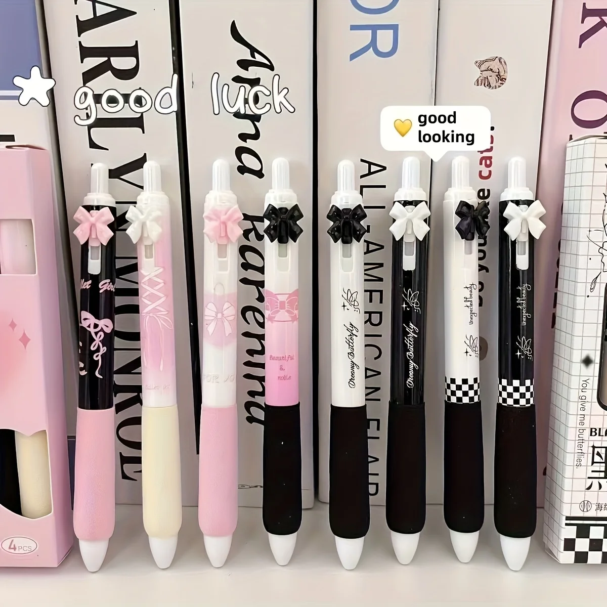 4 Stück niedliche, einziehbare Stifte, Cartoon-Gelstifte, Stifte mit weichem Griff, 0,5-mm-Stift mit schwarzer Tinte, ästhetische Stifte, Kawaii-Büro- und Schulstifte – Detail 1