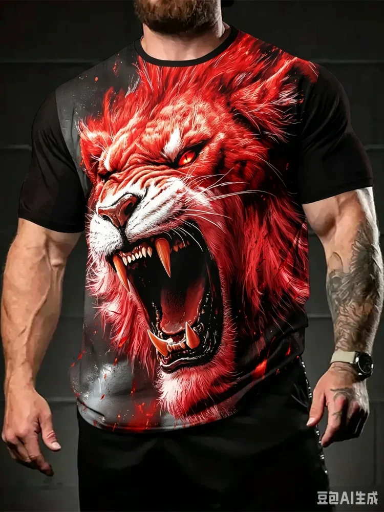 Retro Street Style Herren T-Shirt mit Aufdruck Wütender Roter Löwe mit Fangen, Wildtier-Grafik T-Shirt, Alltags-Casual Kurzarm-Oberteil