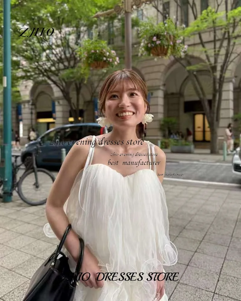 ZHIO الأبيض المتتالية تول ألف خط الزفاف الكورية حبال بلا أكمام مخصصة الظهر طول الأرض فساتين الزفاف حفلة خطوبة