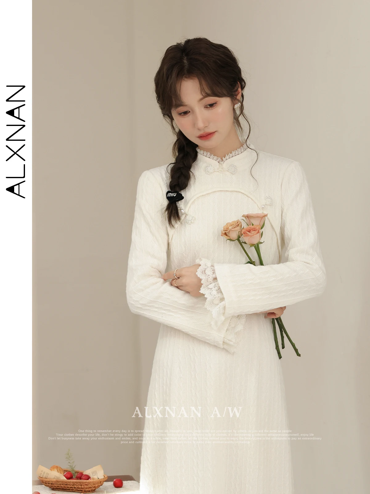 

ALXNAN Plus Size Women's Long Dress 2025 Elegant Casual Long Sleeve Dress New Chinese Style Apricot Female Clothing D01005