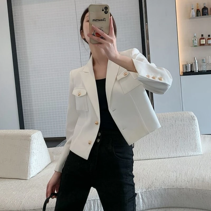 

Новый женский короткий белый пиджак Petite премиум-класса, повседневный однотонный весенне-осенний корейский стиль, элегантный дизайн, пиджак