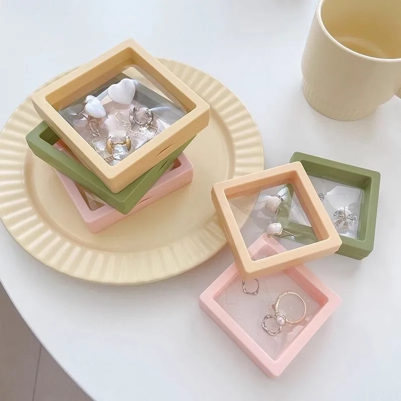 Transparente PE Film Jewelry Storage Box, 3D Floating Display Frame, Coin Dustproof Exposição, Anel Brincos Organizador Caso, caso de cor