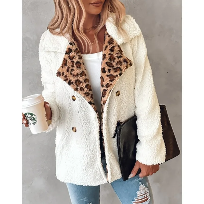 

New Women Fashion Long Sleeve Leopard Patchwork Turndown Collar Coat Jackets Ladies Casual Short Design Retro Outerwear