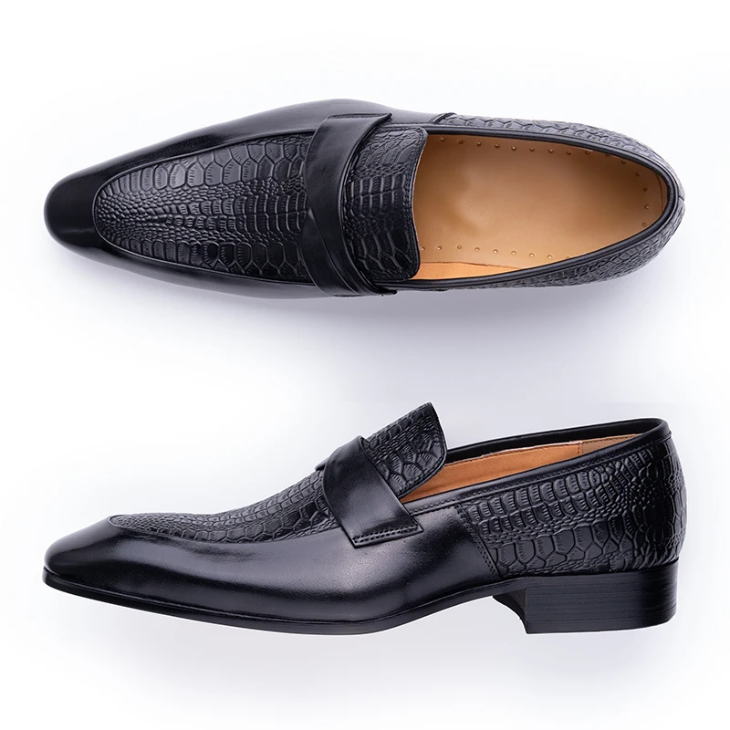 Zapatos de cuero genuino para hombre, vestido de fiesta de negocios británica, sin cordones, puntiagudos negros, traje Formal informal de moda, zapatos hechos a mano para hombre