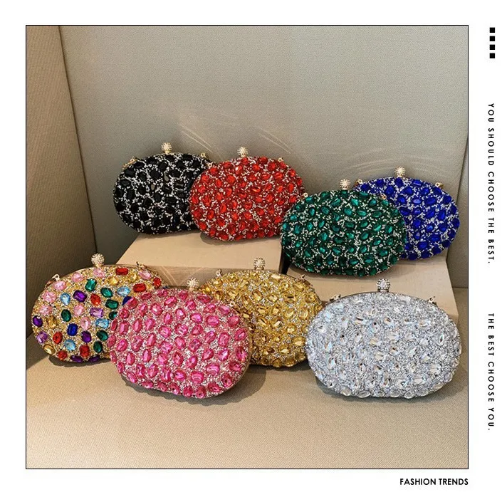 Gold Rhinestone Oval Evening Clutch Bag Women Metal Top Handle Chain Crossbody Purse Wedding Prom Party Handbag