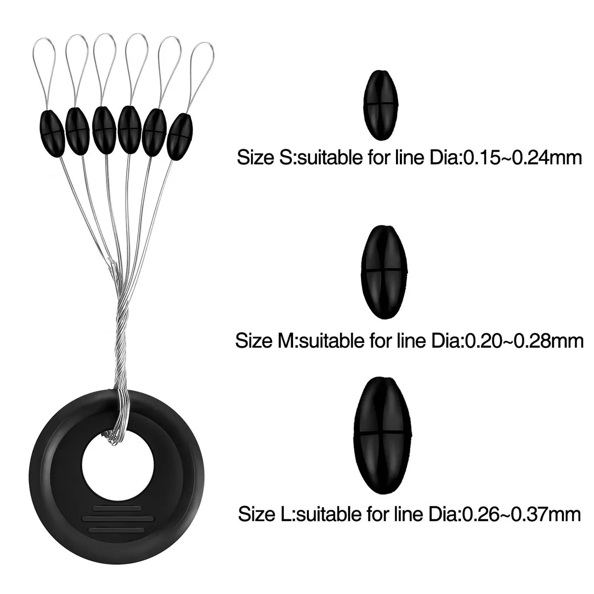 Angel-Bobber-Stopper aus Gummi, 6-in-1-Schwimmer-Sinker-Stopps, schwarzer ovaler Zylinder, L M S-Schwimmer-Stopp verfügbar – Detail 2