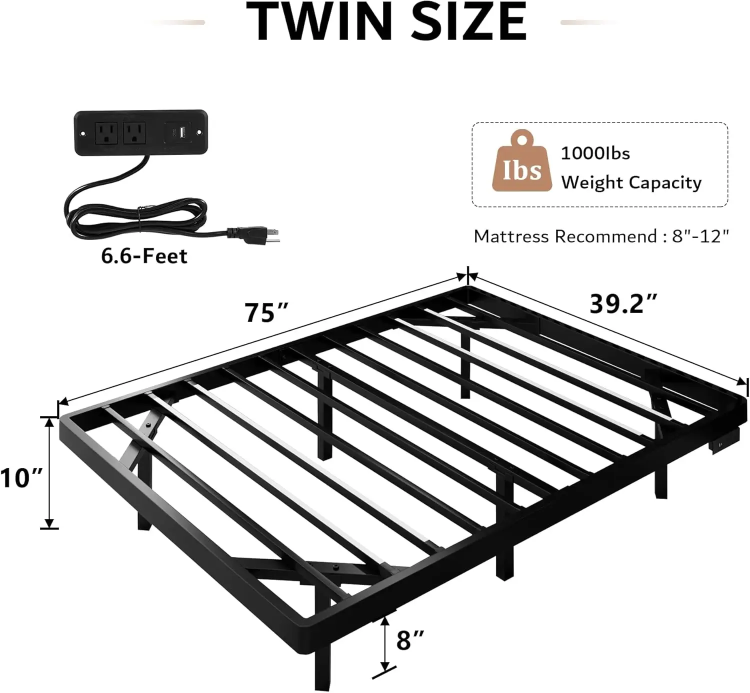 Ipormis Twin Size Floating Bed Frame With Charging Station And Led Light, Metal Platform Bed Frame With Heavy Duty Steel Slats