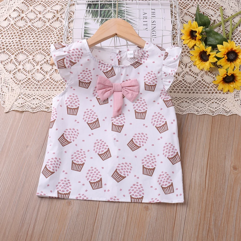 Humor Bear Girls\' Two-Piece Summer Korean Shorts Cartoon Ice Cream Bow Vest Vestidos Casual Outfit 3-7Y