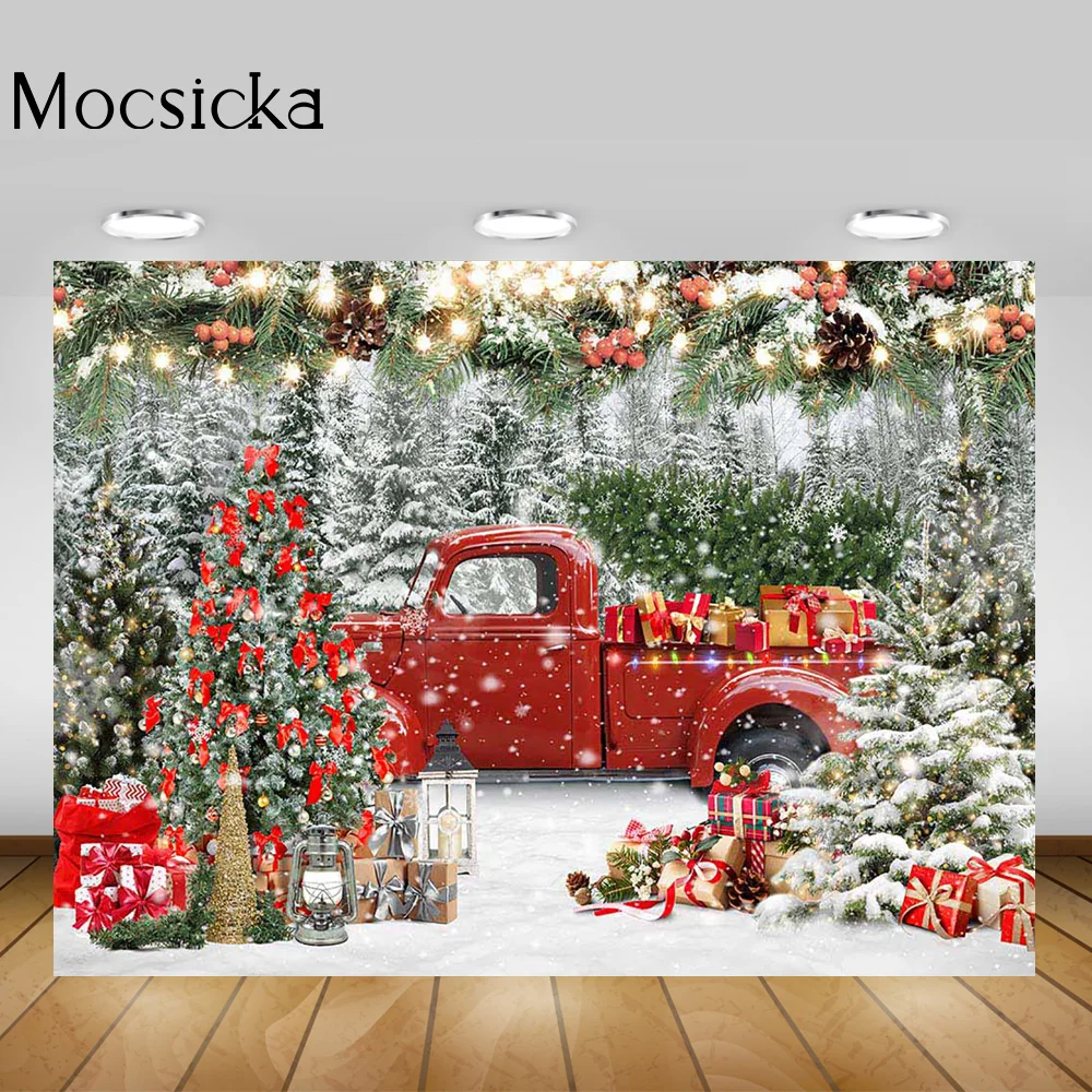 عيد الميلاد شاحنة حمراء خلفية الشتاء الثلجي شجرة عيد الميلاد الغابات عيد ميلاد صورة خلفية هدية للأطفال الكبار صورة استوديو التصوير الفوتوغرافي