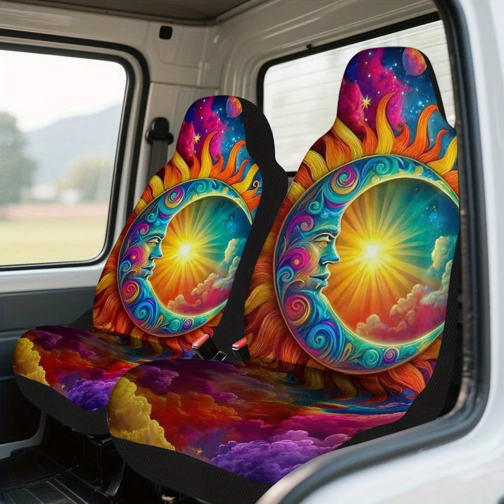 2pcs Psychedelic Celestial Sunrise Design Car Seat Cover Set – Premium Comfort And Style, Durable Seat Protectors, Fit, Easy T
