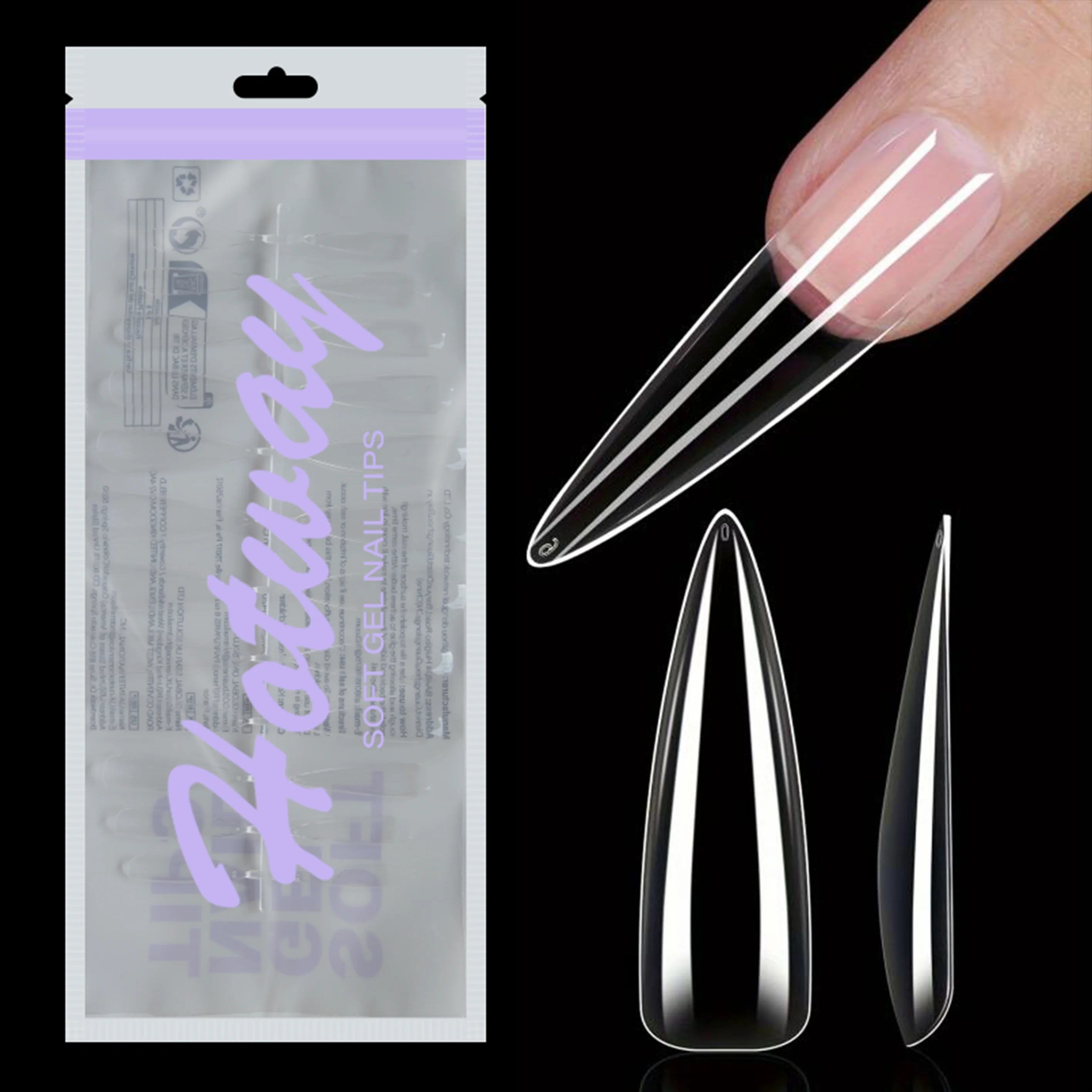 HOTWAY 96PCS medium high heels, extra long pointed, almond shaped fake nails, size 12 transparent semi matte acrylic nail tips,