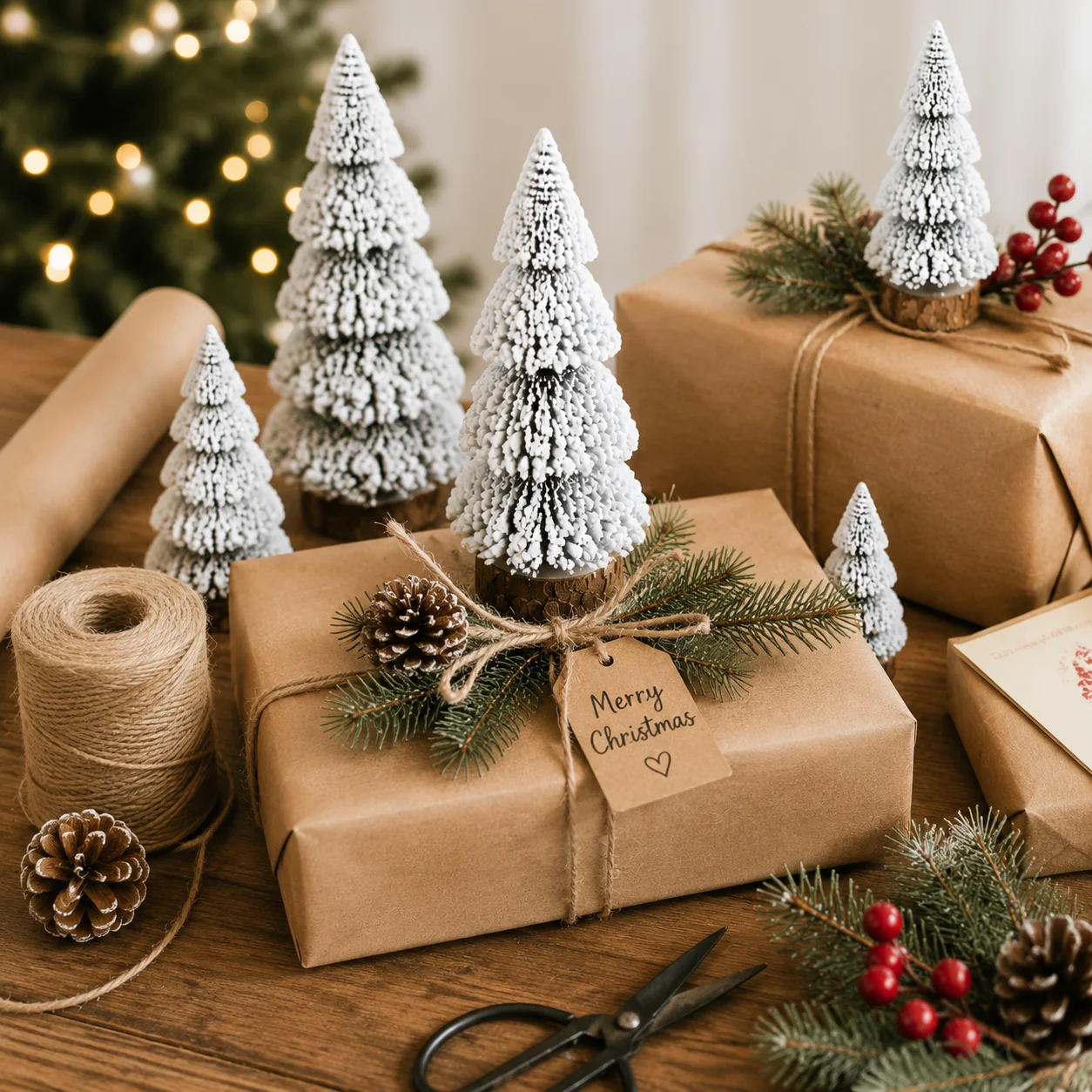 4pcs Frosted Mini Christmas Tree, Artificial White Snow Desktop Pine Tree With Log Base Christmas Ornament For Tabletop Window