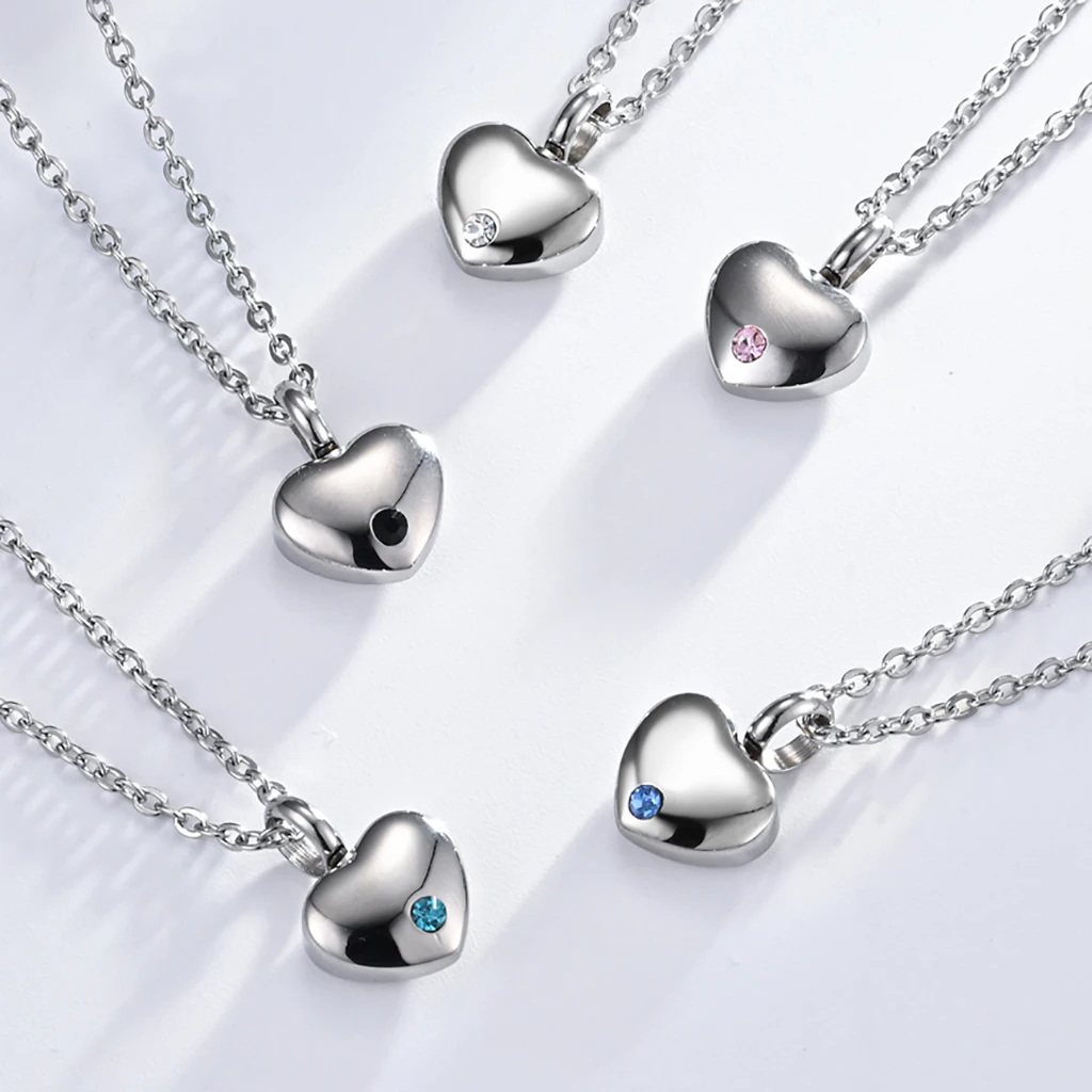 New Stainless Steel Small Heart Shaped Memorial Ash Urn Necklace with Cubic Zircon for Pet Human Ashes Fashion Jewelry Wholesale