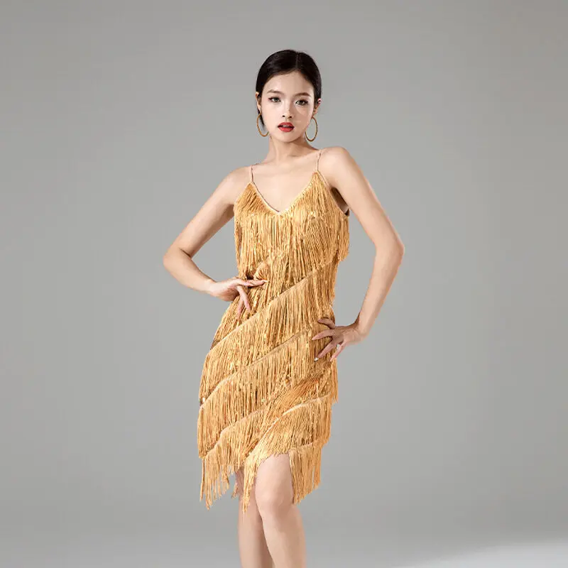 Nuevo vestido de mujer, falda de baile latino, ropa de actuación de alta gama para mujer adulta, vestido de noche con tirantes, vestido Sexy con tirantes y borlas