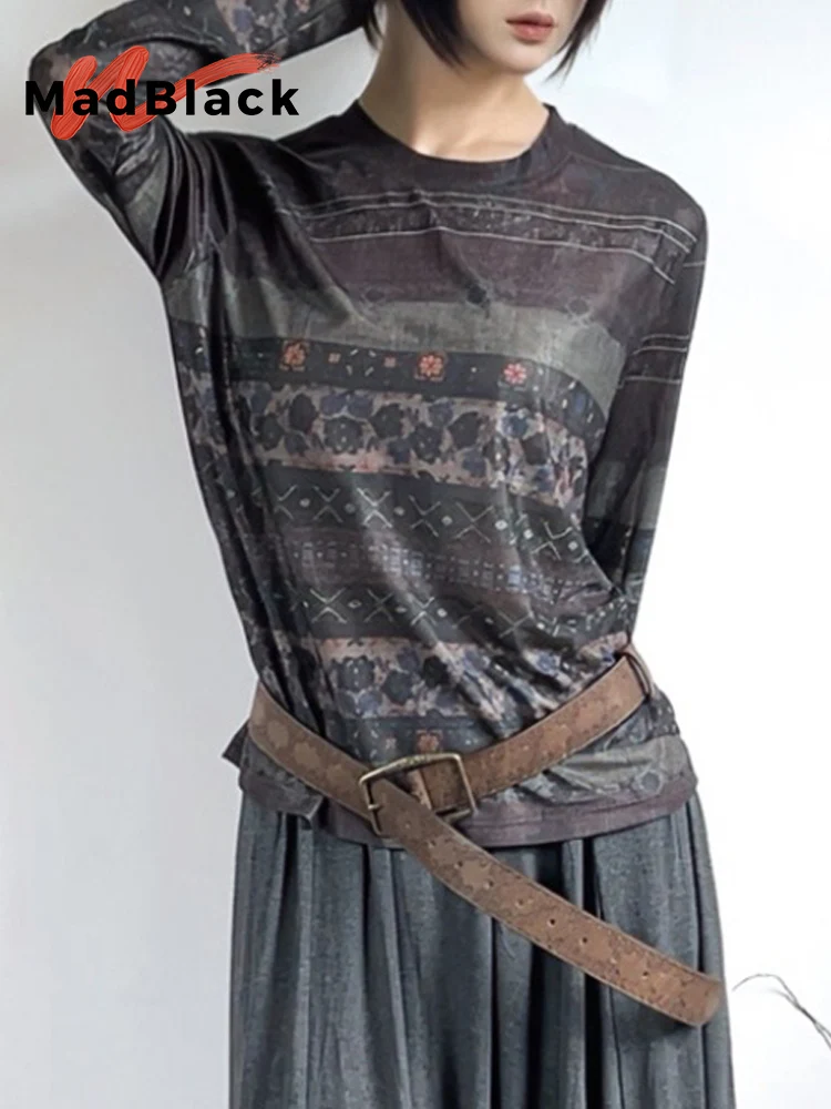 MadBlack-Women European T-Shirt, Sexy O Neck Geometry Print, Clubwear Long Sleeve Slim M-2XL Elastic Tee, 2025 Winter T5N604CC