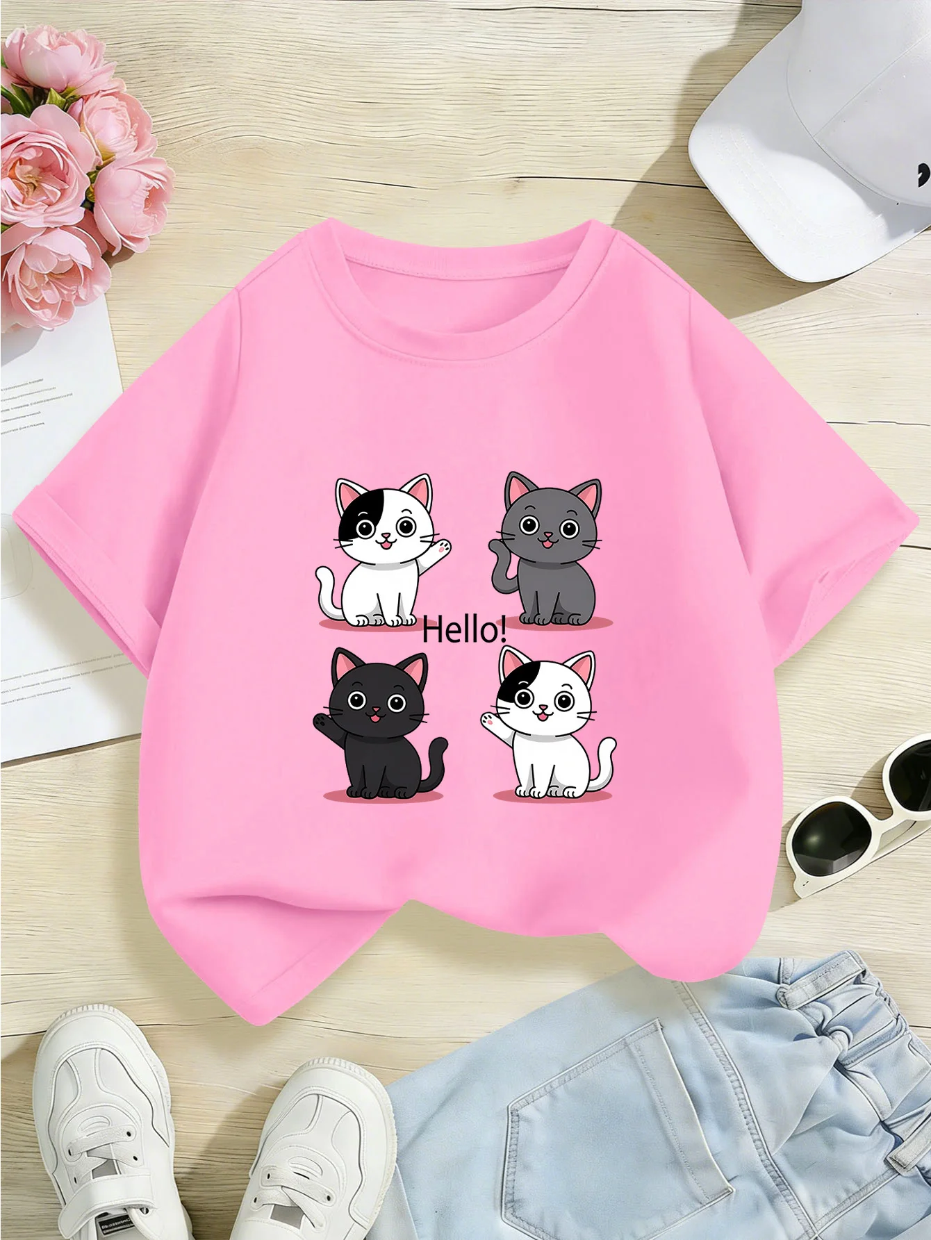 Cute Hello Four Cartoon Kittens Graphic Print Kids Tee Boys Girls Family Matching Cotton Crew Neck Short Sleeve Soft Summer Tee