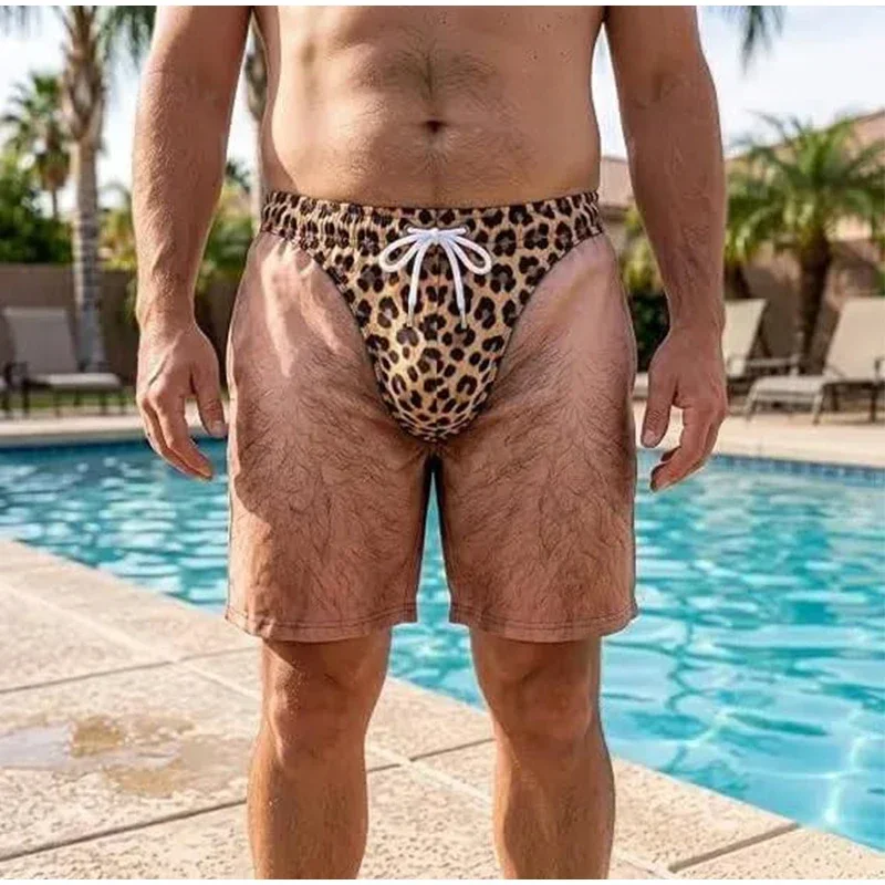 Neuartige Herren-Badeshorts mit 3D-Druck, Fake-Hairy-Leg-Effekt, Leopardenmuster, Kordelzug, Schnelltrocknend, Strand-Boardshorts, Sommer-Urlaubs-Badebekleidung – Detail 4