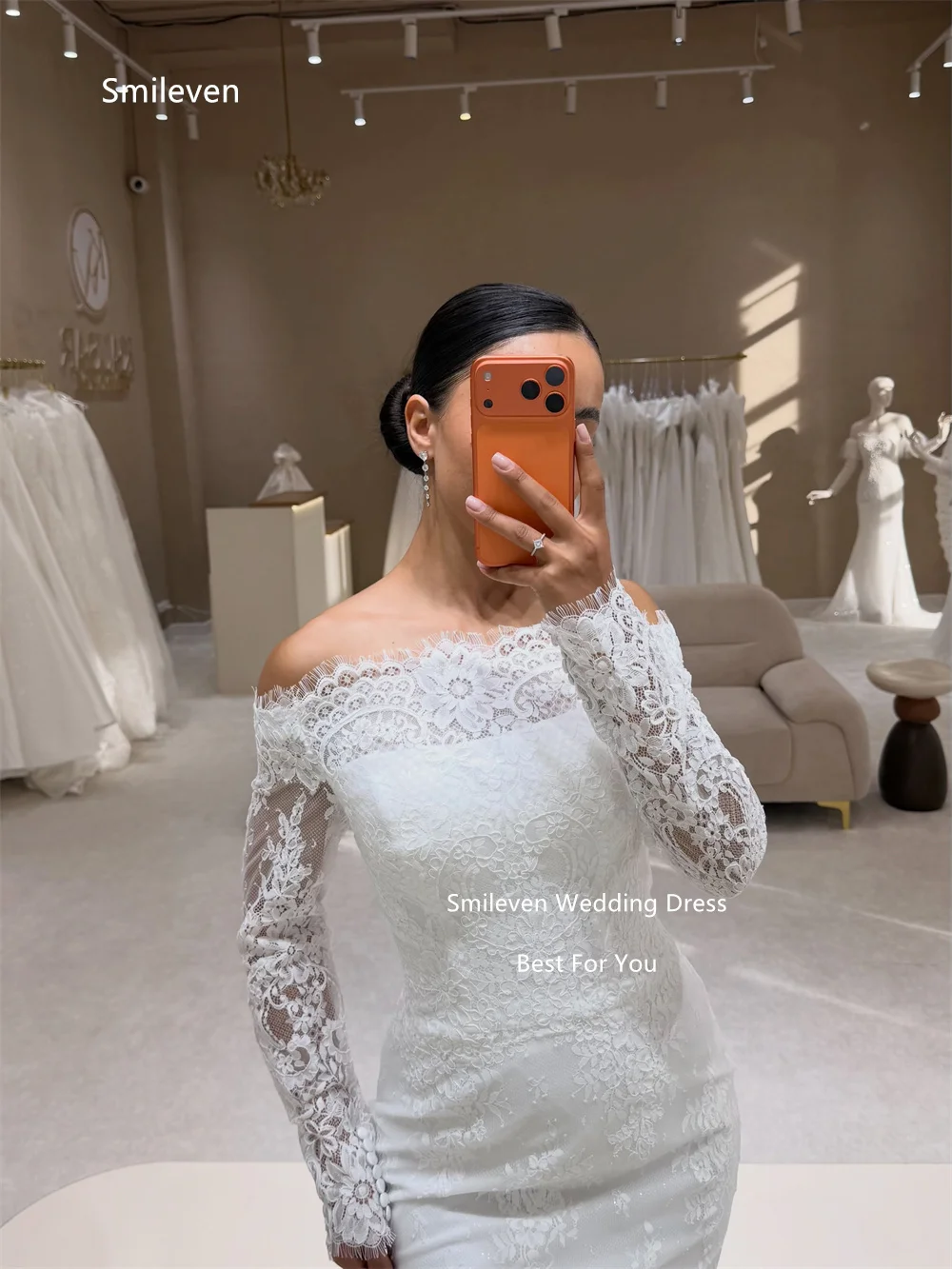 Smileven White Tulle Mermaid wedding Dresses Off Shoulder Long Sleeve Bridal Dress Floral Lace Removable Skirt Gowns Customized