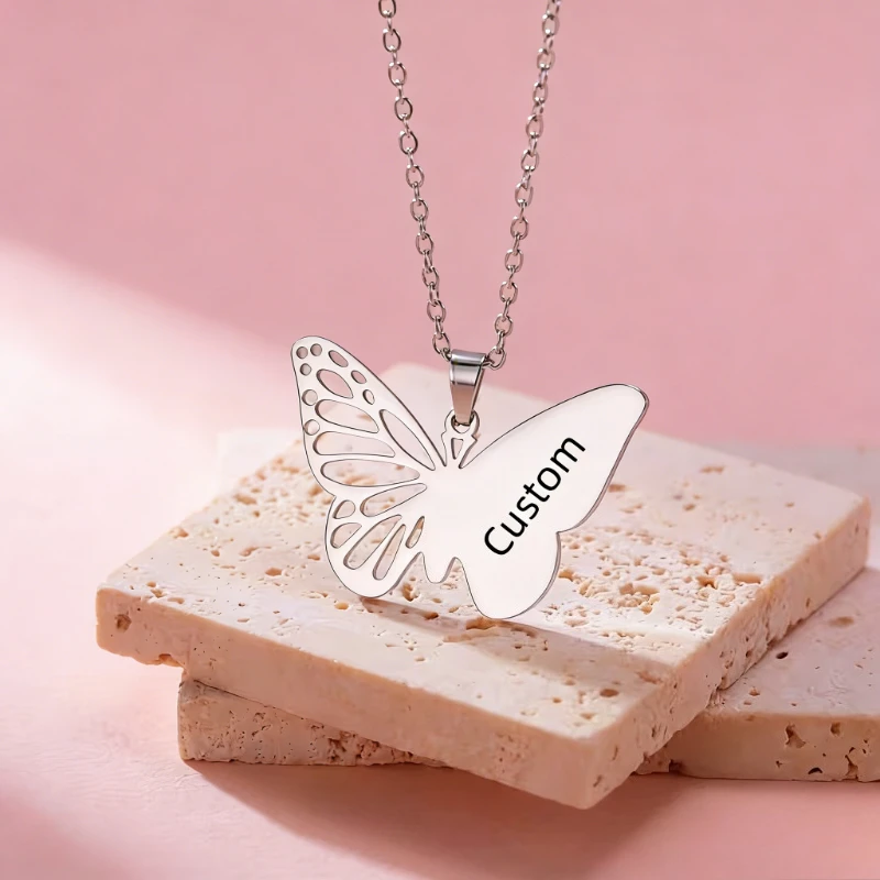 Personalized Name Butterfly Pendant Necklace, Stainless Steel Vintage Fashion Jewelry,Ideal Birthday Gifts for Friends & Family
