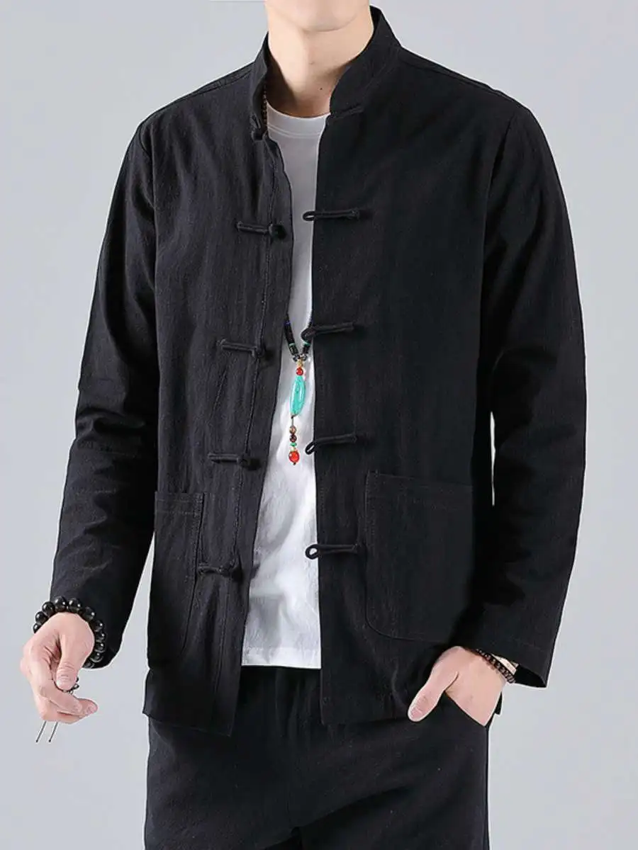 

Spring Summer New Men's irt Large Size Casual Cotton Linen Long Sve Button up Hanfu Traditional Chinese Clothing