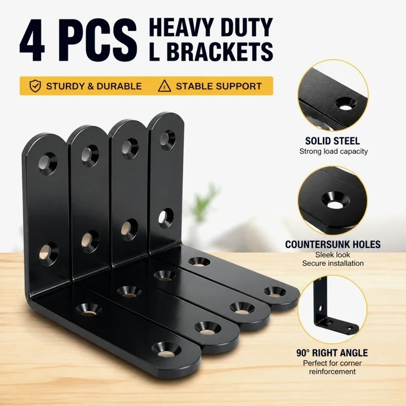 4pcs Black Metal L Shelf Bracket Heavy Duty Corner Support Rustproof Wall Mount Floating Shelf Decor Industrial Hardware