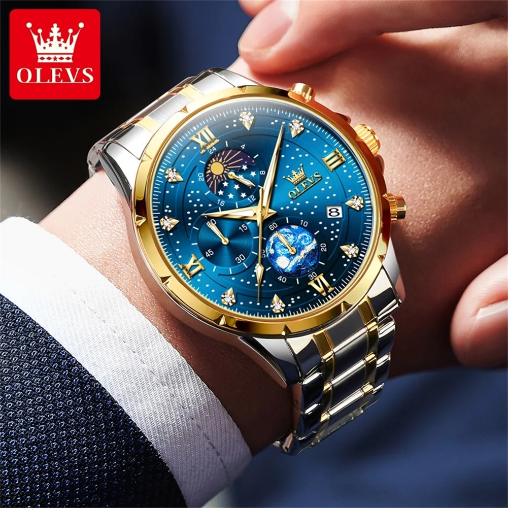 OLEVS 9807 Men\'s Watch Fashion Classic Luxury Moon Phase Waterproof Chronograph Starry Sky Dial Brand Original Men Quartz Watch