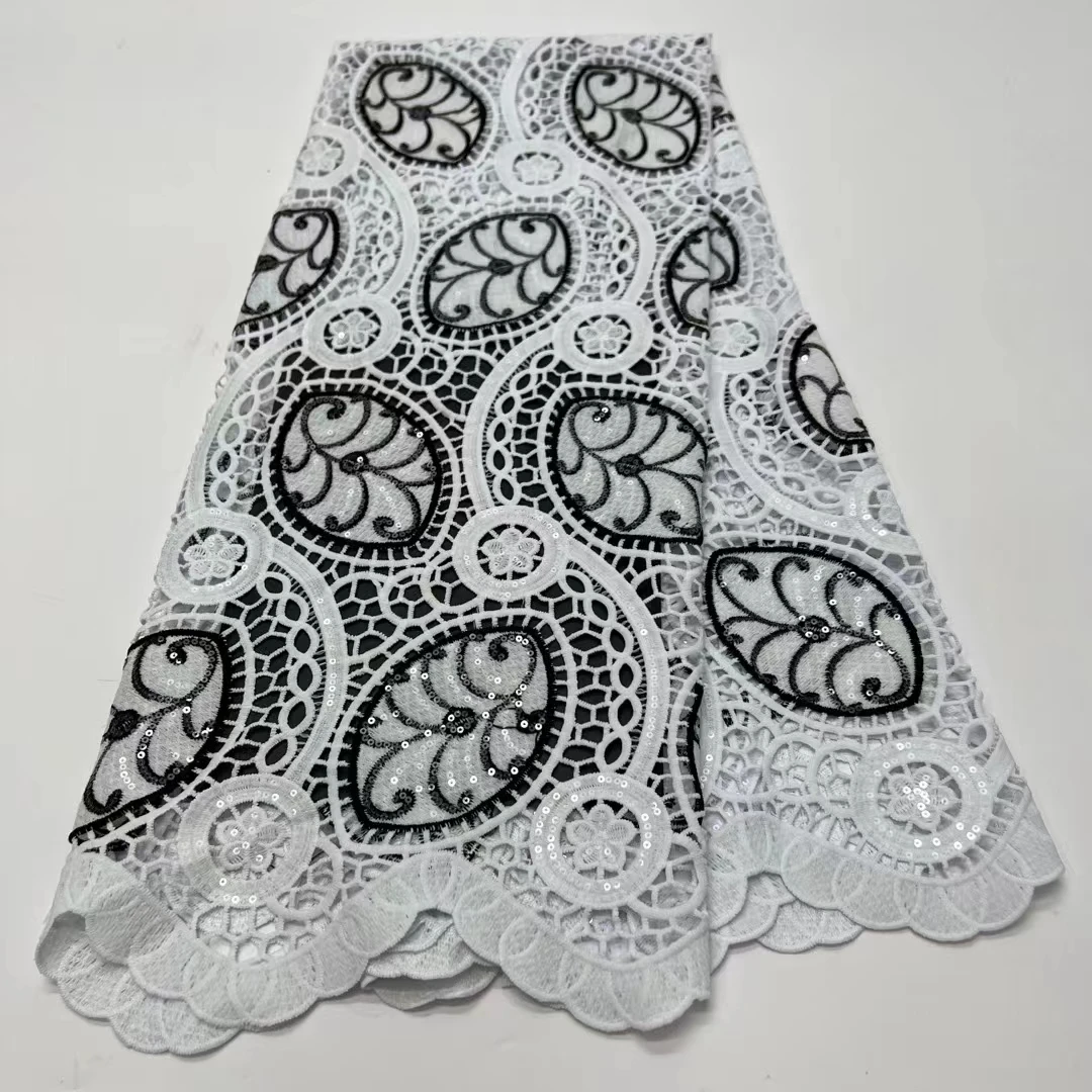 

2023 Fashion Black White Milk Silk African Guipure Cord Lace Fabric Sequins Nigerian Water Soluble Lace Fabric For Party KR2353