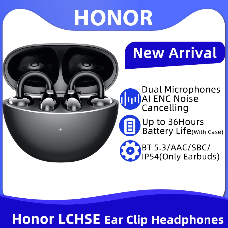 Honor LCHSE Clip On Headphones Bluetooth Earphone Three-Mic AI ENC True Wireless Headphone 36 Hour Battery Life IP54 HIFI 5