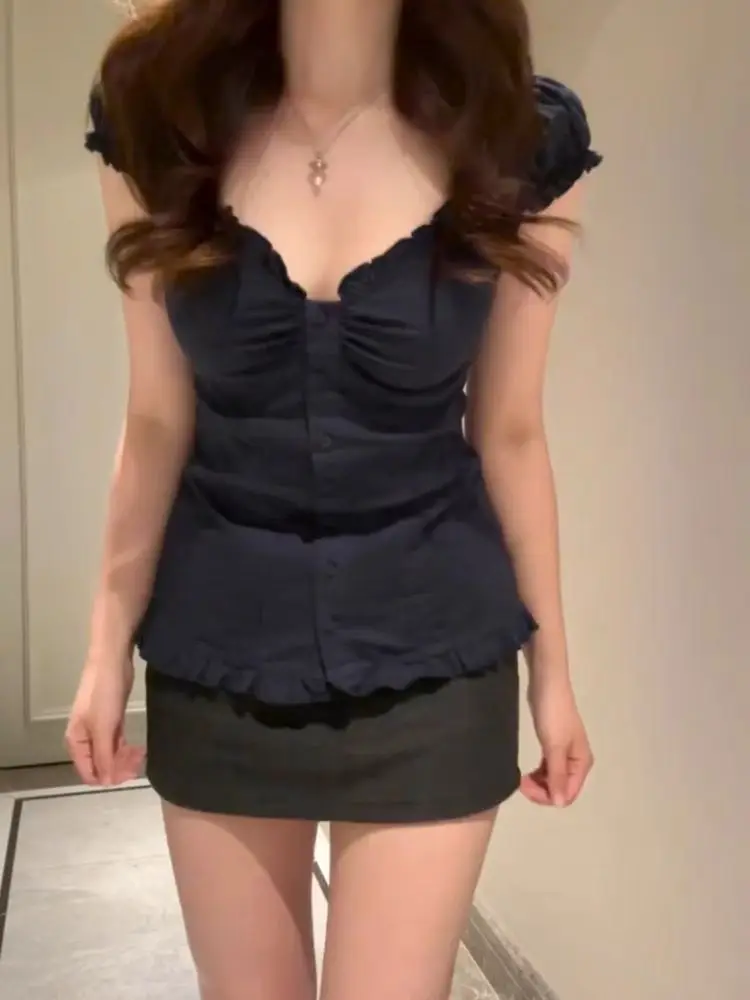 

Женская футболка с рюшами и рюшами в американском стиле, новый летний балетный кардиган на талии, пикантный топ, корейская версия, облегающий крой