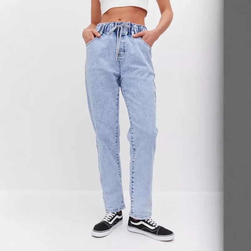 Damskie spodnie jeansowe z wysokim stanem, jesienno-zimowe, nowe, luźne, z elastyczną talią, damskie luźne spodnie codzienne, jednolite, długie spodnie damskie.