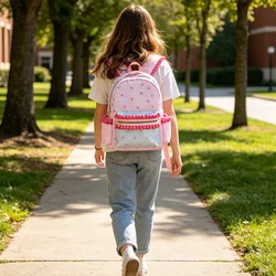 Zaino per ragazze con volant fodera scozzese a pois in tela floreale di grande capacità rosa carino ritorno a scuola